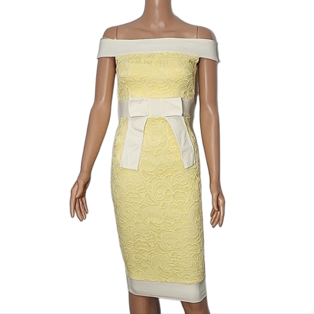 VESPER Yellow Lace Bodycon Midi Dress Size 6 Small